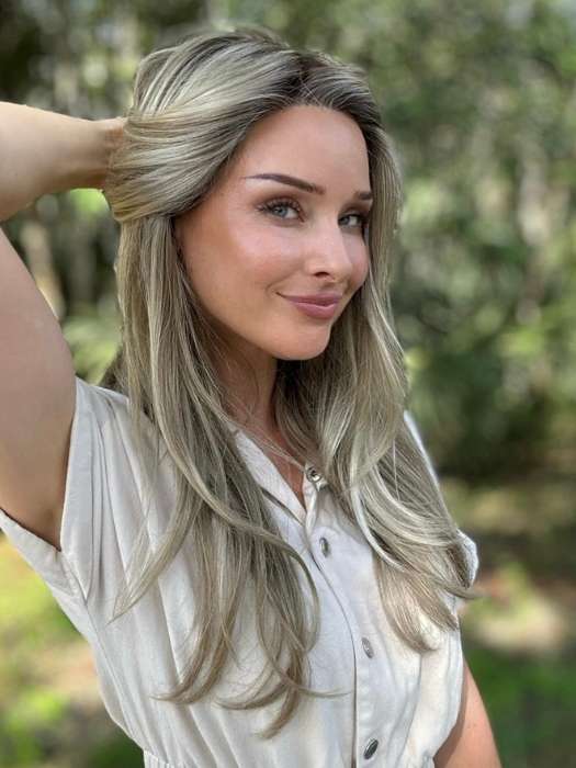 Heather @cjswigs wearing ZARA LITE by JON RENAU in color 22F16S8 VENICE BLONDE | Light Ash Blonde and Light Natural Blonde Blend Shaded with Medium Brown